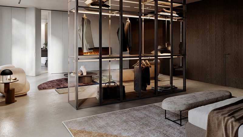 Modern looking bedroom with aluminum wardrobe